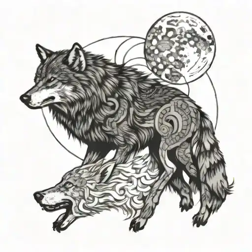 Two Complete Wolfs Hunting The Sun And The Moon