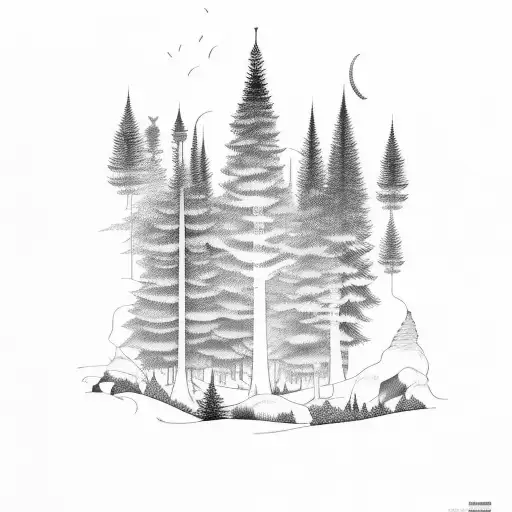 A Pine Forest With Mythical Creatures Hidden Among The Trees