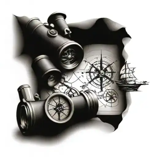 Compass And Binoculars And Sextant And Map And Sail