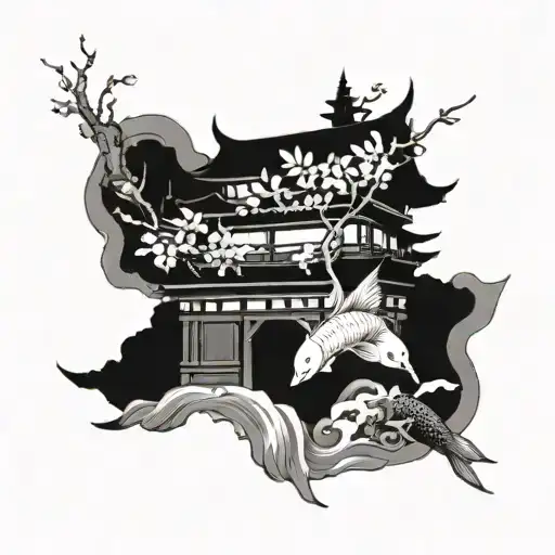 A Japanese Temple Surrounded By Cherry Blossom Trees And Koi Fish