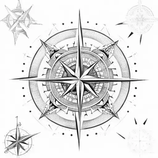 An Intricately Detailed Compass Rose Surrounded By Waves And A Sailboat