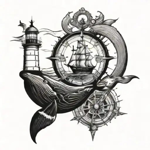 Whale And Compass And Lighthouse