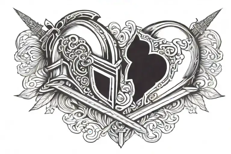 Two Knight Helmets With A Sword Piercing The Heart Between Them