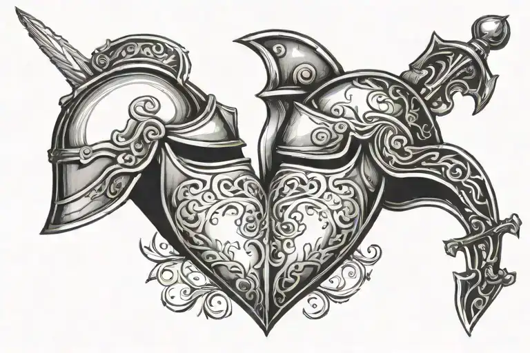 Two Knight Helmets With A Sword Piercing The Heart Between Them