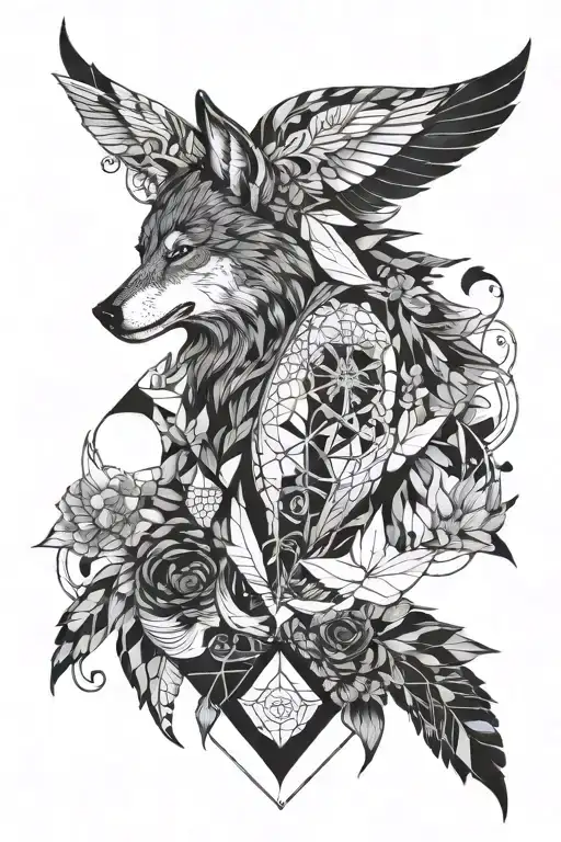 Free Diving Person With Wings And Wolf And Geometrical Touches And Nature