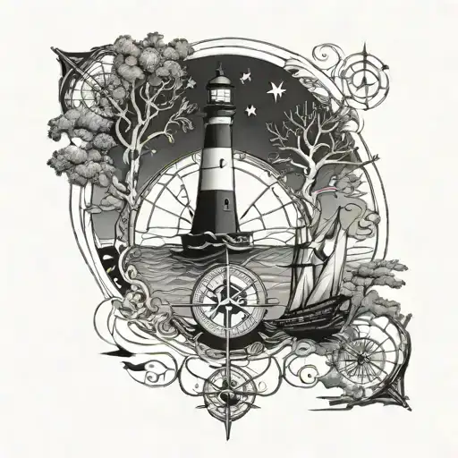 Compass And Lighthouse And Ship And Tree