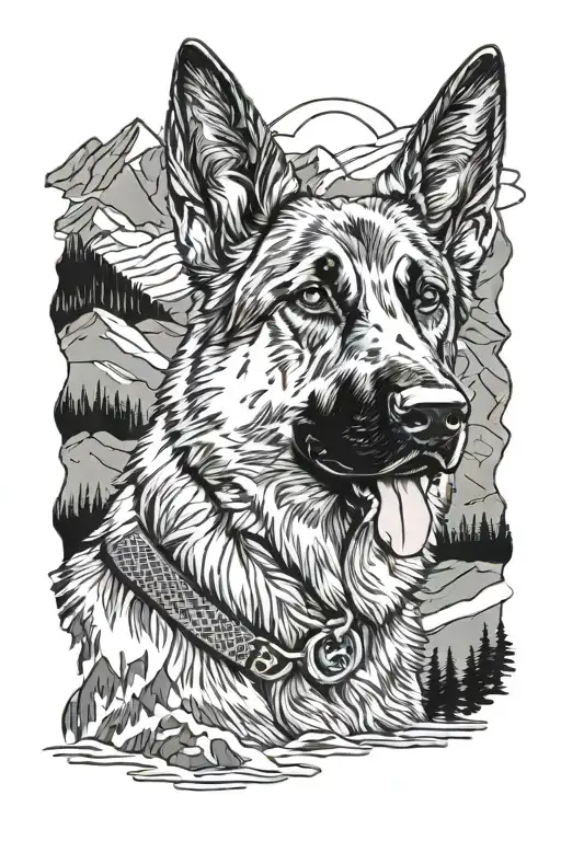 Portrait Of German Shepherd Wearing Diabetic Alert Bracelet In Mountain Scene With Flag Waving