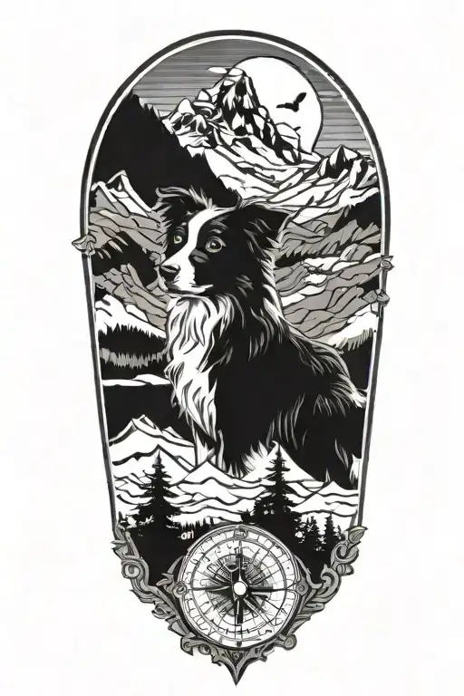 Border Collie Face Compass In Mountain Scene
