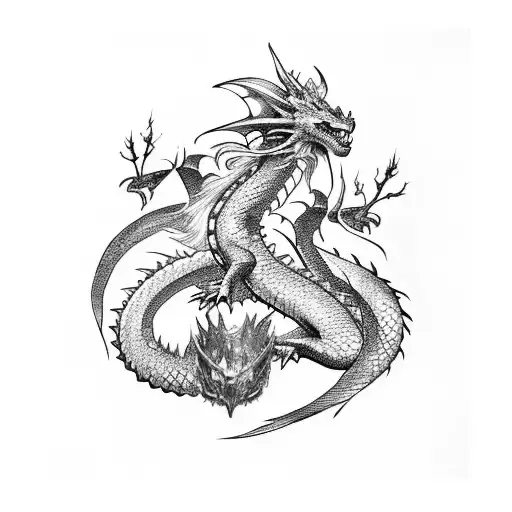 Dragon Fighting With A Mermaid In The Dark Forest