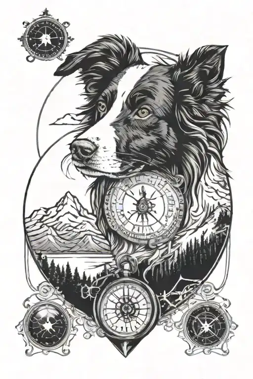 Border Collie Portrait With Compass And Mountain Scene