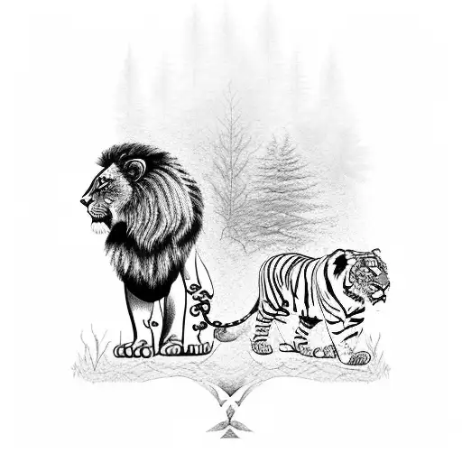 A Lion And Tiger Standing Side By Side In A Forest