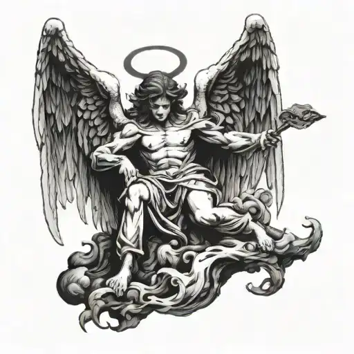 Angel Stepping On The Devil's Head In Blackwork Style