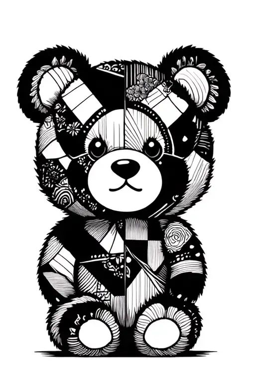 Blackwork Negative Space Optical Illusion With Patchwork Teddy Bear