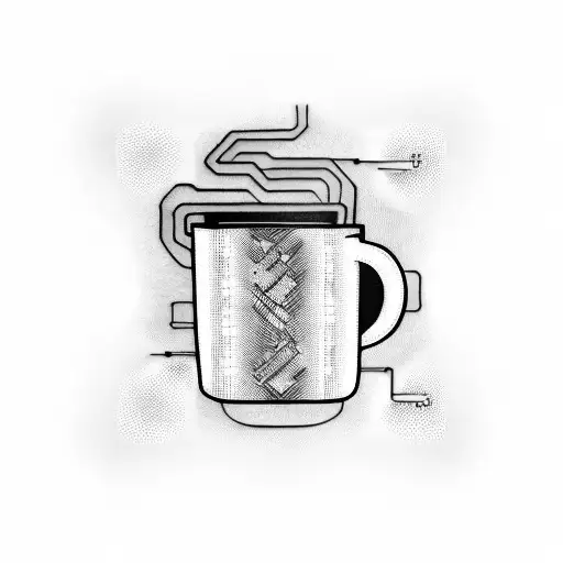 A Steaming Coffee Mug With Circuit Board Patterns Incorporated Into The Design