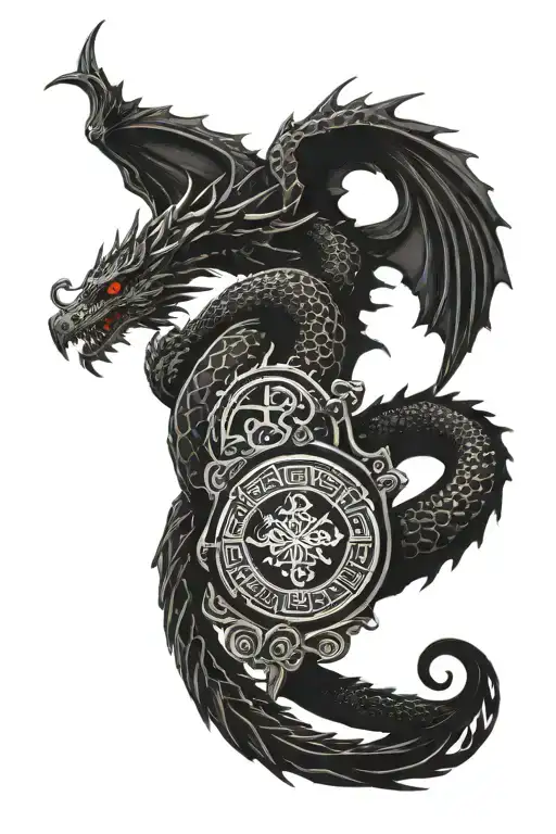 Red And Black Tattoo On The Side Of The Arm With Dragon Scales And A Saint Benedict Medal