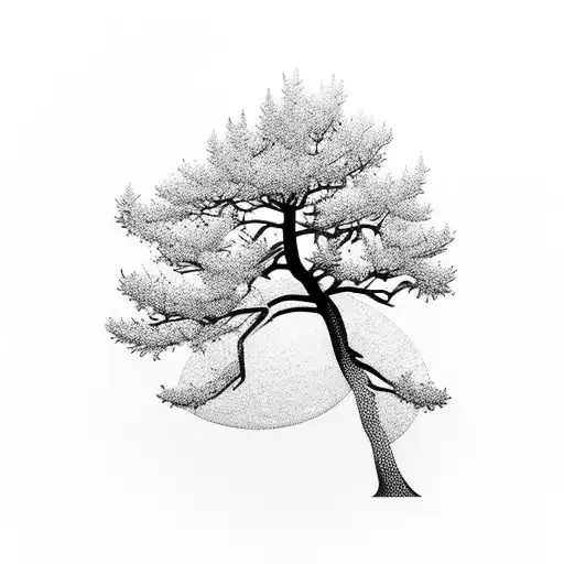 Black Skinny Pine Tree Silhouette With A Gold Ring Around The Trunk