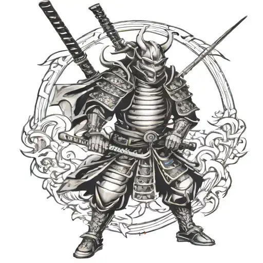 Samurai In Armor With A Katana Wearing A Demon Mask On His Sleeve