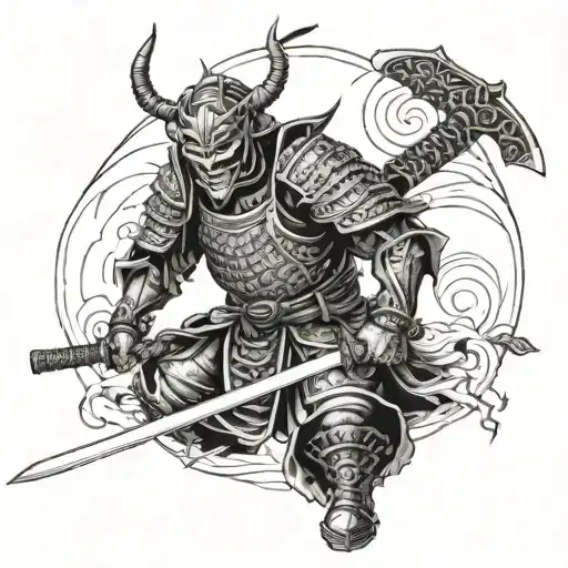 Samurai In Armor With A Katana Wearing A Waist-deep Demon Mask With A Demon Below