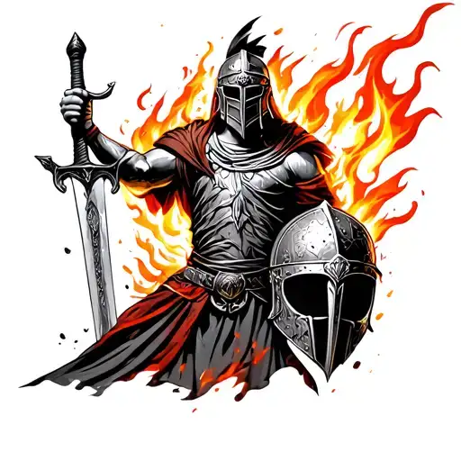 Gladiator Holding Sword And Helmet Engulfed In Flames