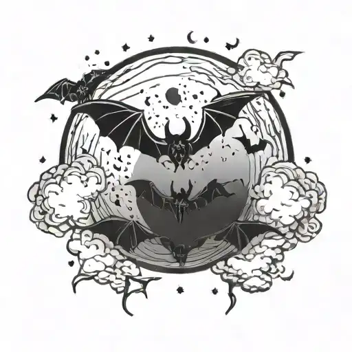 Moon With Bats And Clouds Floating