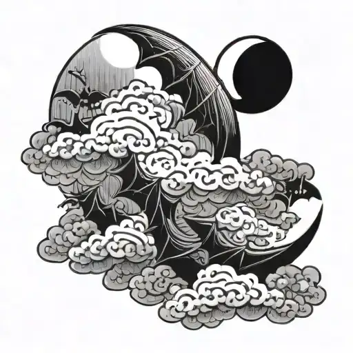 Half Moon With Bats And Clouds Surrounding