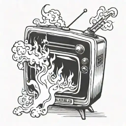 Burning Old Retro Tv In Fire Black Grey