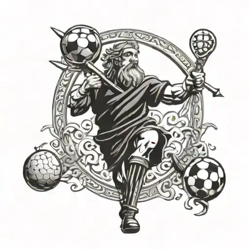 A Stylized Representation Of The Irish God Of Sports With Hurling And Soccer Symbols