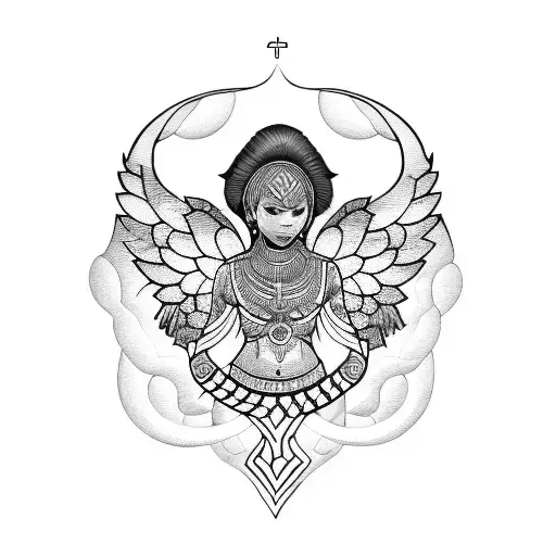 A Blackwork Tattoo Of An Angelic Figure With African Tribal Patterns Incorporated