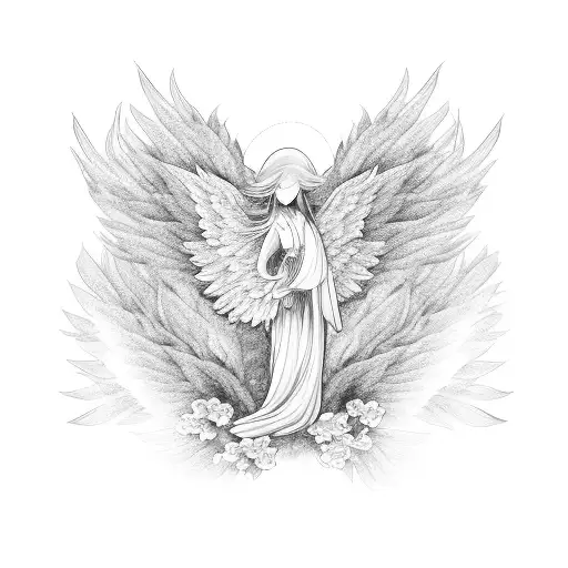 Sakura Tree Branches Wrapped Around Angel Wings With Pink Flowers