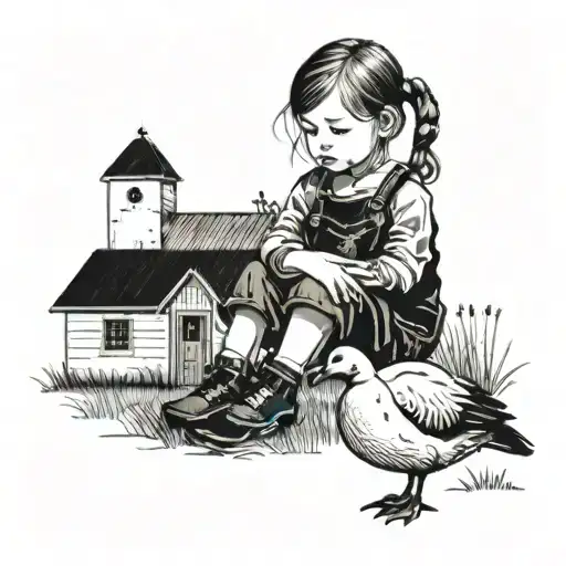 Little Girl Is Sitting In Front Of The Farm House With A Goose