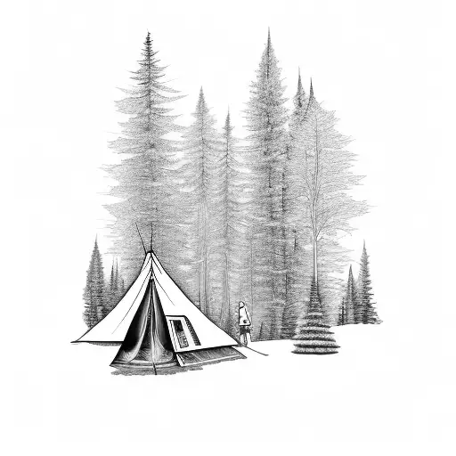 A Detailed Camping Scene With A Cozy Tent Nestled Among Tall Trees