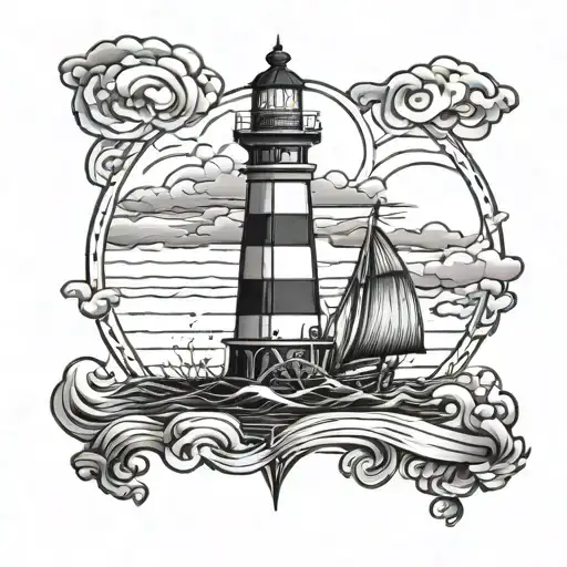 Lighthouse And Ship Sailing Ship Navigating