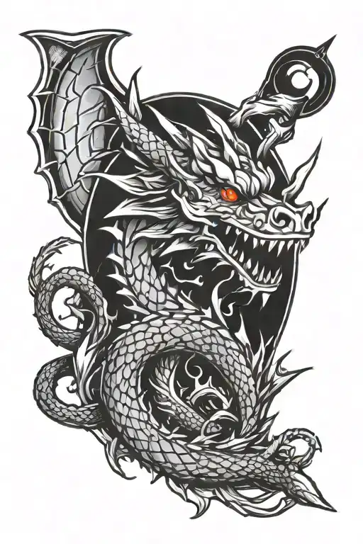 Cooking Knife Surrounded With Minimalist Dragon