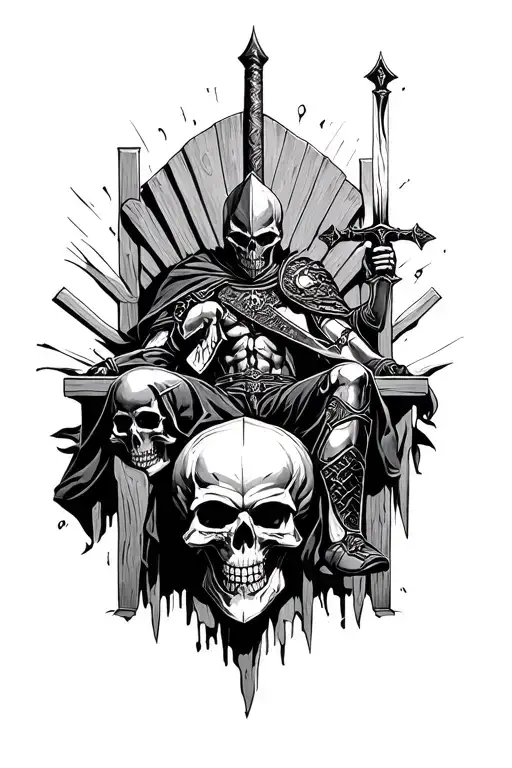 Black Knight On A Throne With Sword Surrounded By Skulls
