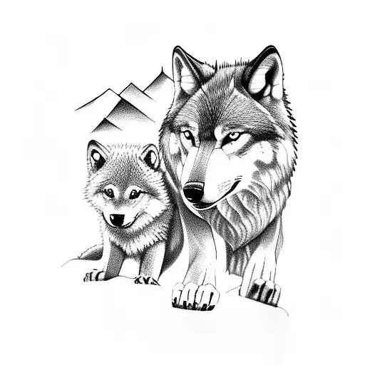 A Wolf With A Baby Wolf Inbetween The Wolfs Legs Standing Om The Mountains