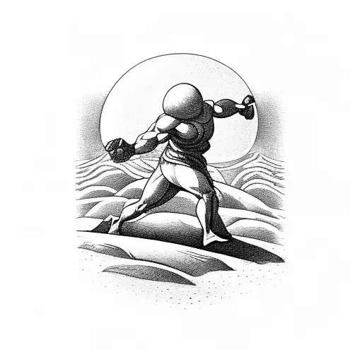 Sisyphus Pushing His Rock With The Sun In The Background