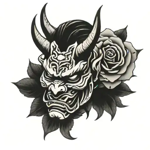 Oni Mask Cut In Half With Rose Intertwined
