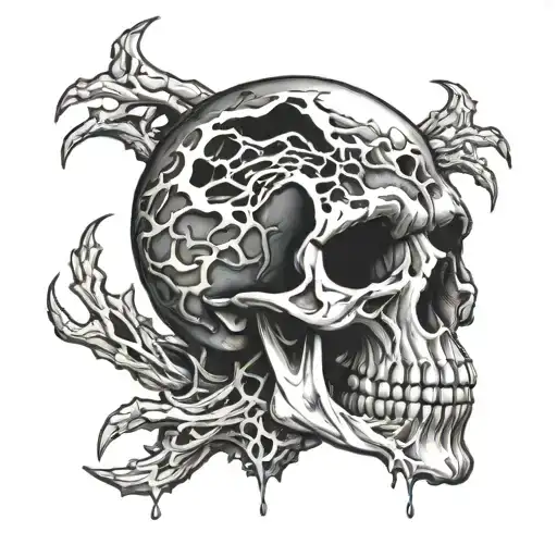 Skull With Open Mouth And Fangs Wrapped Around Eye In Mouth With Brain Exposed Through Cracked Skull