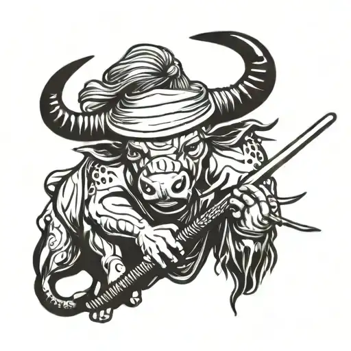 A Taurus With A Sumrai Hat And A Katana In The Hand