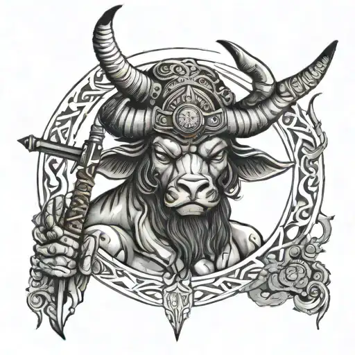 A Taurus With A Sumrai Hat And A Katana In The Hand