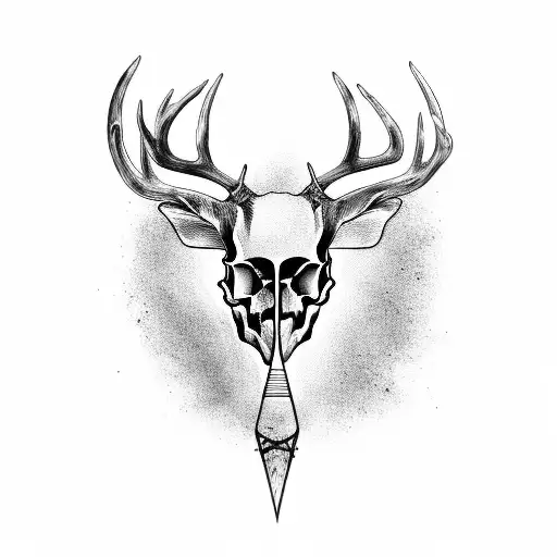 A Blackwork Tattoo Of A Deer Skull Adorned With Archery Arrows