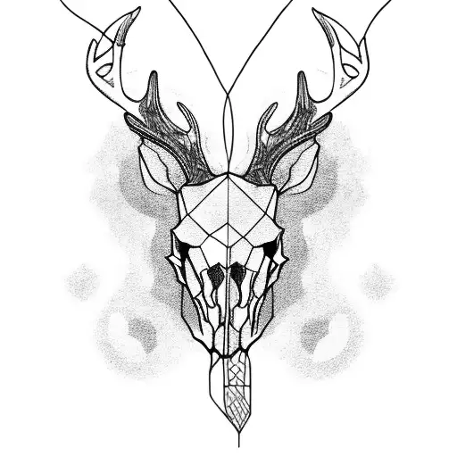 A Blackwork Tattoo Of A Deer Skull Adorned With Archery Arrows