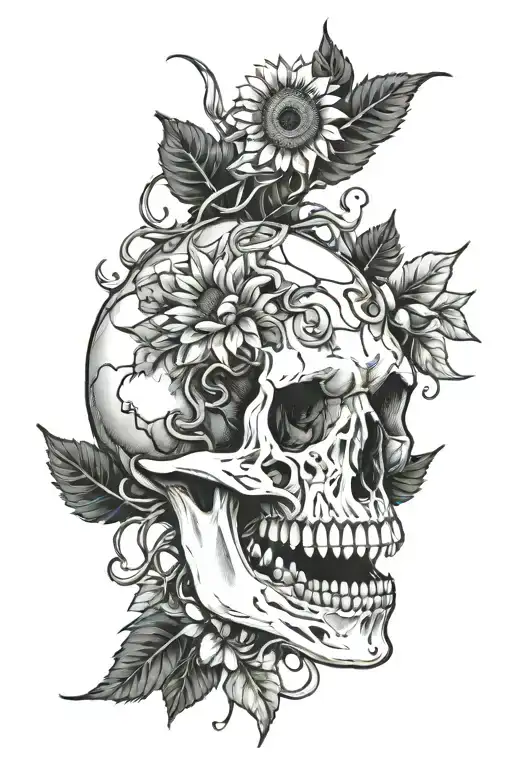 Dinosaur Skull With Sunflowers And Vines With Thorn Intertwined