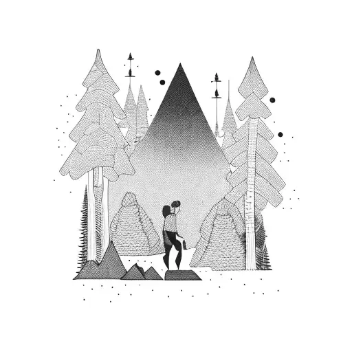 A Detailed Blackwork Tattoo Of A Hiker Exploring A Dense Forest