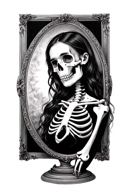 Beautiful Woman Who Looks In The Mirror And Sees Herself As A Skeleton In Realistic