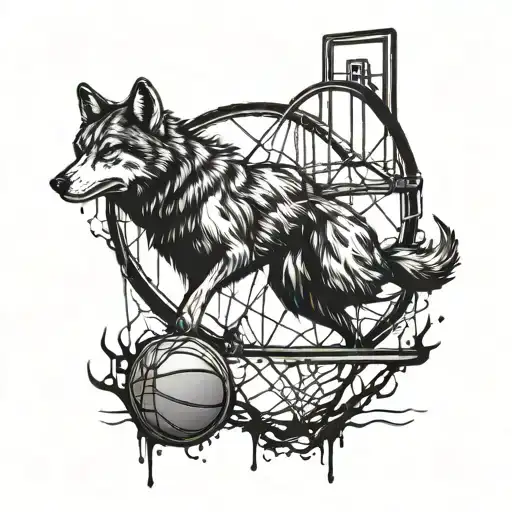 A Basketball Hoop With A Wolf Silhouette Jumping Through It