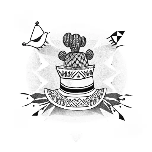 Saguaro Cactus With Sombrero On Top And Mexican Acoustic Guitar Laying At The Base