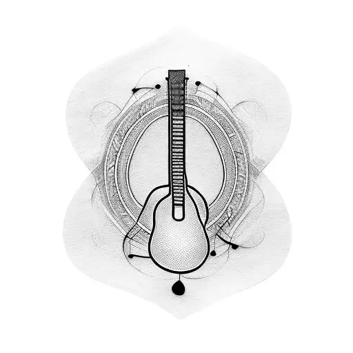 A Blackwork Tattoo Of A Guitar Neck With Sheet Music Winding Around It