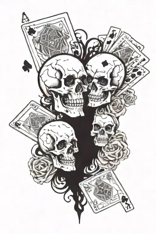 A Dark World Themed Tattoo Incorporating Playing Cards And Skull Heads