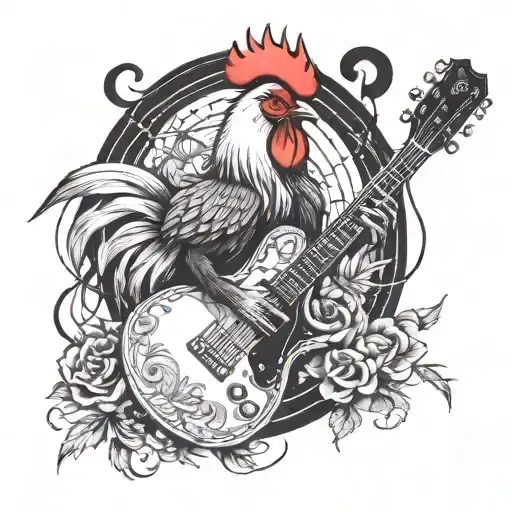 A Rooster Playing A Guitar Surrounded By Paintbrushes And Musical Notes